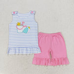 GSSO1442 Embroidery Summer Beach Pink Girls Shorts Set