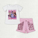 GSSO1446 Fashion Singer Star Pink Sequins Denim Shorts Girl's Set