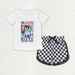 GSSO1447 Cartoon Blue Dog Black Plaid Sports Shorts Girls Set