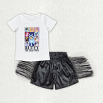 GSSO1448 Fashion Cartoon Blue Dog Black Leather Shorts Tassel Girl's Set