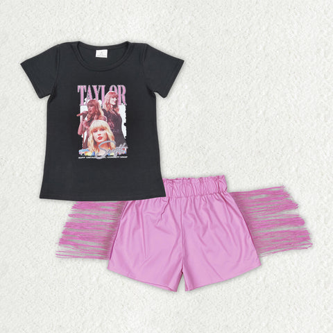 GSSO1450 Singer Star Pink Fashion Leather Shorts Tassel Girl's Set