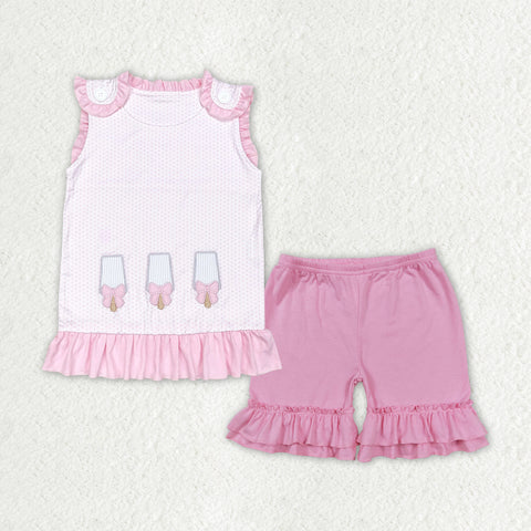 GSSO1455 Embroidery Popsicle Pink Girls Shorts Set