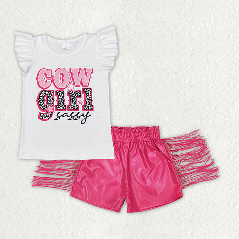 GSSO1460 Cowgirl sassy Pink Leather Shorts Tassel Girl's Set