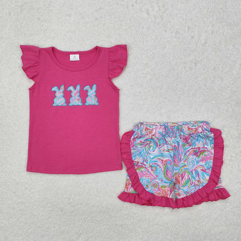 GSSO1466 Embroidery Easter Bunny Flower Pink Girls Shorts Set