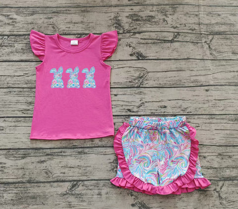 Preorder GSSO1466 Embroidery Easter Bunny Flower Pink Girls Shorts Set