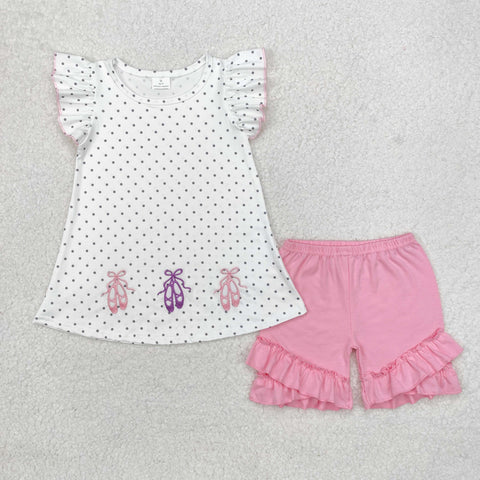 GSSO1504 Embroidery Ballet Shoes Pink Girls Shorts Set