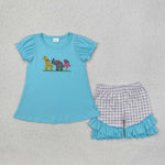 GSSO1520 Embroidery Animal Blue Girls Shorts Set