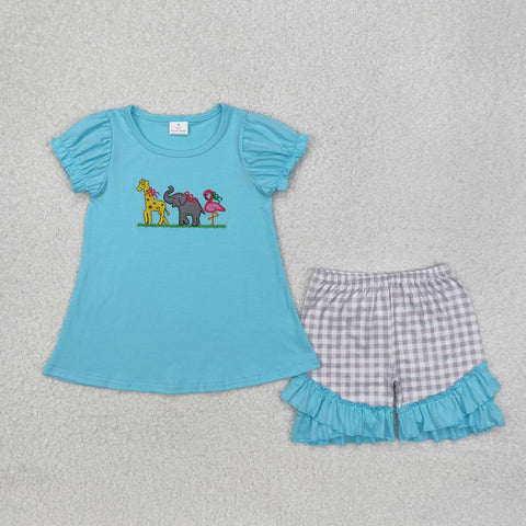 GSSO1520 Embroidery Animal Blue Girls Shorts Set