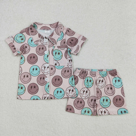 GSSO1545 Smiley Face Buttons Girls Shorts Pajamas Set