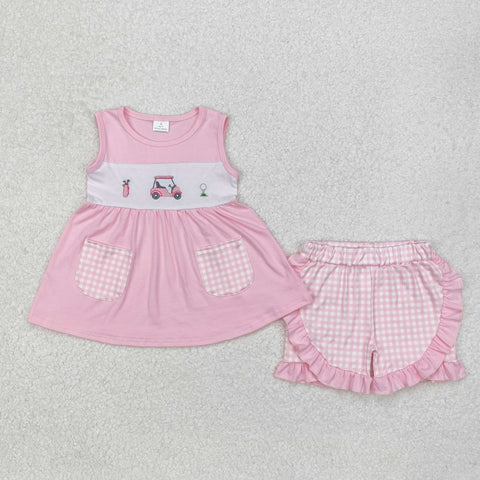 GSSO1554 Embroidery Golf Pink Plaid Girls Shorts Set