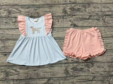 Preorder GSSO1563 Embroidery Dog Stripe Blue Pink Girls Shorts Set