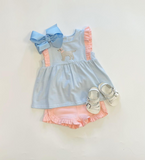 Preorder GSSO1563 Embroidery Dog Stripe Blue Pink Girls Shorts Set