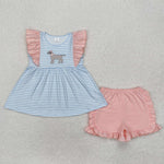 GSSO1563 Embroidery Dog Stripe Blue Pink Girls Shorts Set