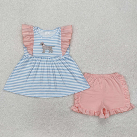 GSSO1563 Embroidery Dog Stripe Blue Pink Girls Shorts Set