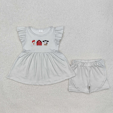 GSSO1564 Embroidery Farm Animal Barn Girls Shorts Set