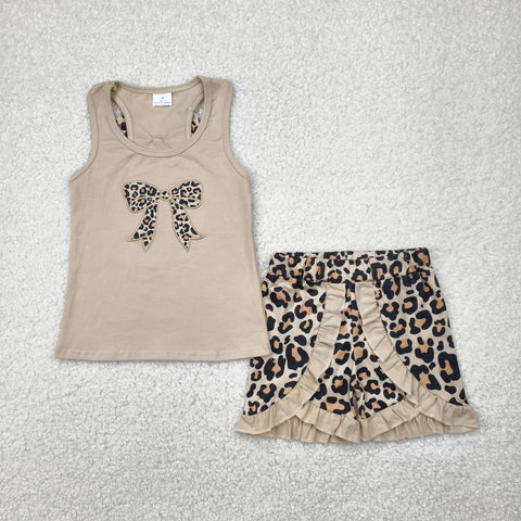GSSO1603 Embroidery Bows Leopard Ruffles Girls Shorts Set
