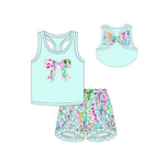 Preorder 12.05 GSSO1606 Bows Flower Mint Ruffles Girls Shorts Set