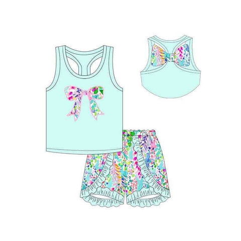 Preorder 12.05 GSSO1606 Bows Flower Mint Ruffles Girls Shorts Set