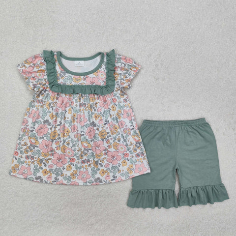 GSSO1607 Green Flower Girls Shorts Set