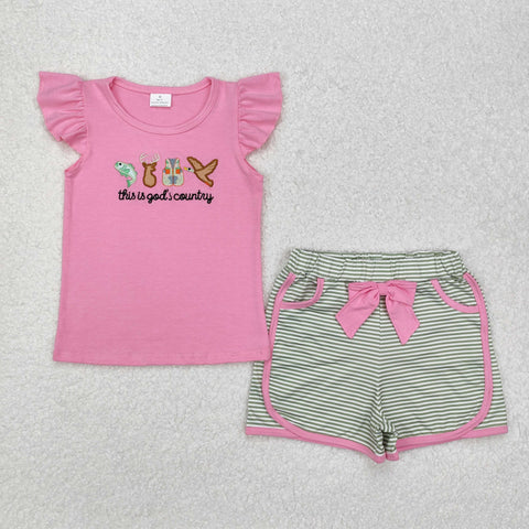 GSSO1614 Embroidery This is god's country Pink Girls Shorts Set