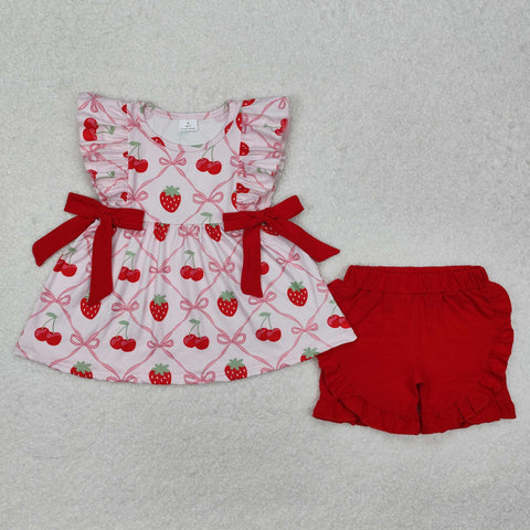 GSSO1640 Strawberry Cherry Bows Girls Shorts Set