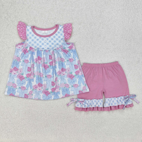 GSSO1642 Flower Bows Pink Girls Shorts Set
