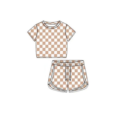 Preorder 12.13 GSSO1657 Khaki Plaid Sports Girls Shorts Set