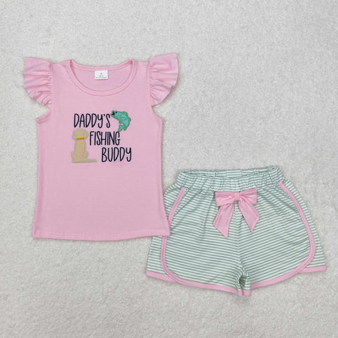 GSSO1673 Embroidery Daddy's Fishing Buddy Dog Girls Shorts Set