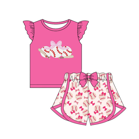 Preorder 12.20 GSSO1685 Baseball Bows Pink Girls Shorts Set