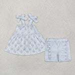 GSSO1716 Flower Sky Blue Girls Shorts Set