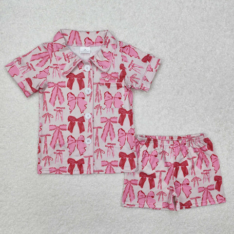 GSSO1718 Coquette Bows Pink Buttons Girls Shorts Pajamas Set