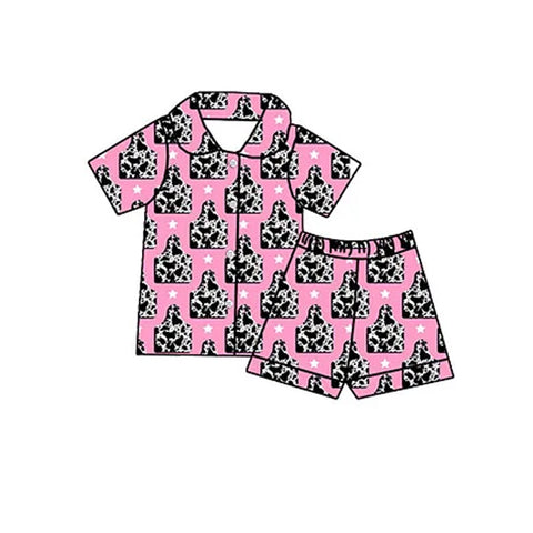 Preorder 12.30 GSSO1743 Western Pink Buttons Girls Shorts Pajamas Set