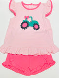 Preorder GSSO1757 Embroidery Truck Bow Pink Girls Shorts Set