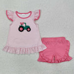 GSSO1757 Embroidery Truck Bow Pink Girls Shorts Set