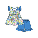 Preorder 12.31 GSSO1762 Flower Floral Blue Girls Shorts Set