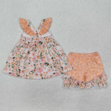 GSSO1763 Flower Floral Orange Girls Shorts Set