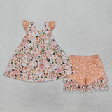 GSSO1763 Flower Floral Orange Girls Shorts Set