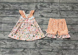 Preorder GSSO1763 Flower Floral Orange Girls Shorts Set