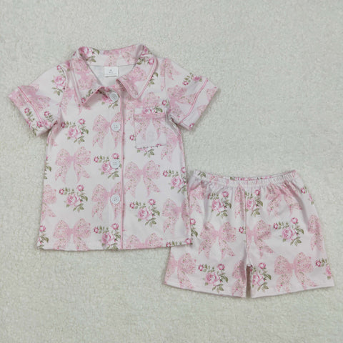 GSSO1780 Bows Flower Pink Buttons Girls Shorts Pajamas Set