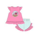 Preorder GSSO1785 Embroidery Beach Sand Pink Girls Shorts Set