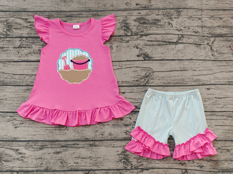 Preorder GSSO1785 Embroidery Beach Sand Pink Girls Shorts Set