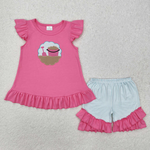 GSSO1785 Embroidery Beach Sand Pink Girls Shorts Set