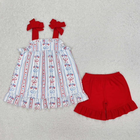 GSSO1786 July 4th Flag Bows Red Girls Shorts Set