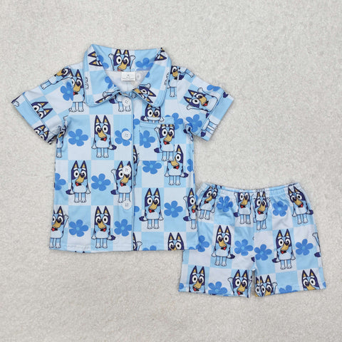 GSSO1800 Cartoon Blue Dog Buttons Girls Shorts Pajamas Set