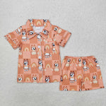 GSSO1801 Cartoon Blue Dog Orange Buttons Girls Shorts Pajamas Set