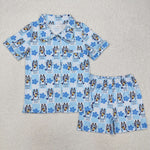 GSSO1803 Cartoon Blue Dog Buttons Adult Women Pajamas Set