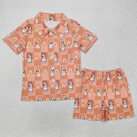 GSSO1804 Cartoon Blue Dog Orange Buttons Adult Women Pajamas Set