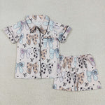 GSSO1810 Cartoon Blue Dog Bows Buttons Girls Shorts Pajamas Set