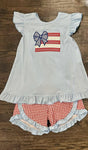 Preorder GSSO1822 Embroidery July 4th Flag Bows Girls Shorts Set