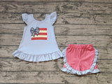 Preorder GSSO1822 Embroidery July 4th Flag Bows Girls Shorts Set